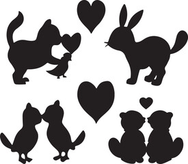 A set of funny cartoon cats vector illustration with hearts and silhouette symbols for Valentine's Day design
