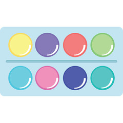 Set Of Eight Colorful Round Watercolor Paint Palettes Isolated On A Light Blue Background With A White Border