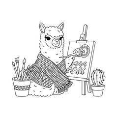 Obraz premium Cute llama is painting winter scene on easel wearing scarf