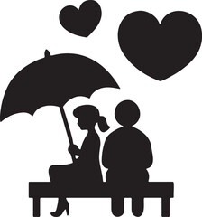 A couple in silhouette holding an umbrella for protection from the rain while sitting on a bench