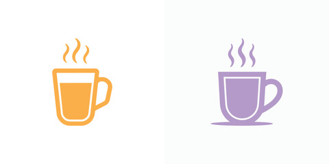 Two Hot Beverages Icons Orange Coffee Cup and Purple Mug with Steam Symbols