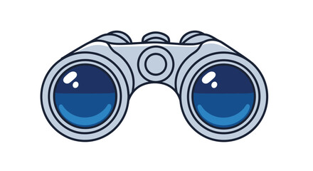 A clean, vector-style graphic of grey binoculars with reflective blue lenses, ideal for themes of adventure, vision, and searching.