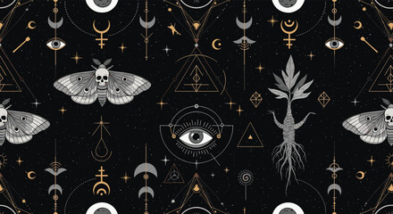 Mystical seamless pattern with occult symbols like skull moths, mandrake, and all-seeing eyes against a starry dark sky.