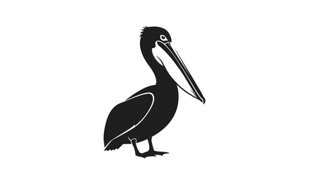 Stylized black and white illustration of a pelican, highlighting its characteristic long beak and prominent throat pouch while standing.