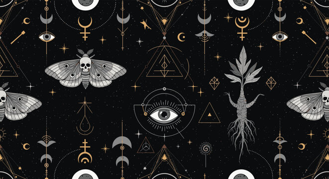 Mystical seamless pattern with occult symbols like skull moths, mandrake, and all-seeing eyes against a starry dark sky.