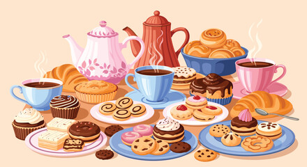 A delightful assortment of freshly baked pastries, sweet treats, and steaming hot coffee and tea, creating an inviting spread.