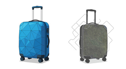 Modern travel luggage featuring a bright blue suitcase with a geometric pattern and a textured green suitcase, isolated on white.
