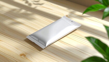 Silver Foil Snack Bar on Wooden Surface Mockup