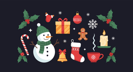A cheerful collection of festive Christmas elements including a snowman, holly, gifts, and ornaments, perfect for holiday designs.