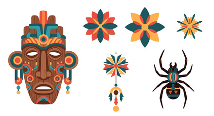 Collection of tribal cultural symbols and decorative elements including a wooden mask, geometric flowers, and a colorful spider, on a white background.