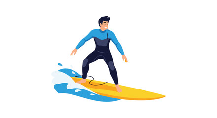Illustration of a man surfing on a yellow surfboard with blue waves.