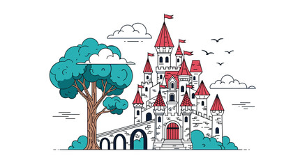 Fairytale castle illustration with a large tree and birds flying in a cloudy sky.