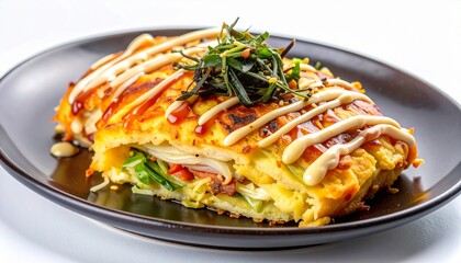 Fototapeta premium Japanese Okonomiyaki pancake with mayonnaise and sauce drizzle topped with seaweed garnish on a dark plate.