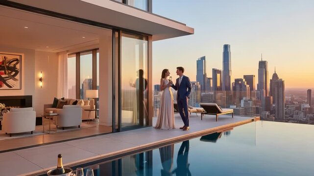 Couple toasting with champagne on a luxurious rooftop terrace overlooking the city skyline at sunset