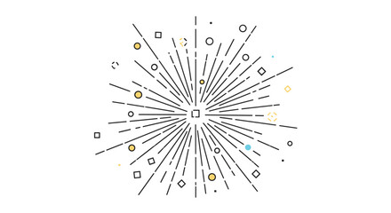 Geometric starburst explosion design with radial lines, shapes, and colorful dots emanating from a central point illustration.