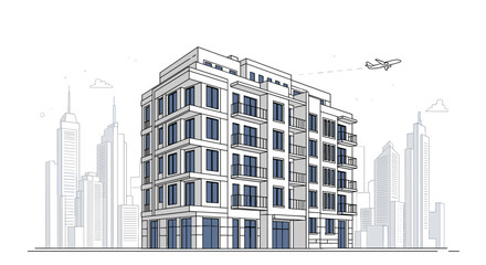 Illustration of a modern apartment building in a city with skyscrapers and an airplane in the sky.