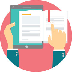 Illustration of hands holding a tablet device displaying an open book with a red bookmark inside and a finger pointing at the page against a pink circular background