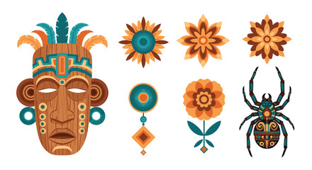 Collection of colorful tribal mask and Aztec-inspired floral and spider designs.
