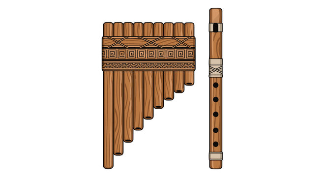 Traditional wooden pan flute and a straight flute displayed side by side, featuring handcrafted designs and natural wood textures.