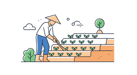 Farmer tending to crops on terraced farmland in a flat illustration style.