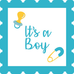It Is A Boy Celebration Graphic With Blue Scalloped Border Yellow Pacifier And Safety Pin On White Background