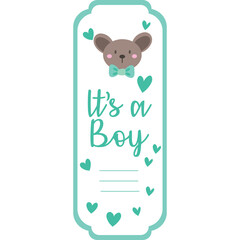 It's A Boy Teddy Bear Greeting Card With Hearts And Bow Tie In Teal And Brown Colors Transparent Background