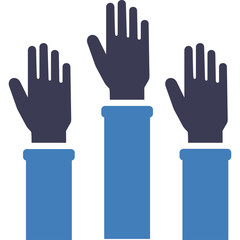 Group of three raised hands in blue and dark blue with transparent background representing voting participation and asking questions in a flat design illustration