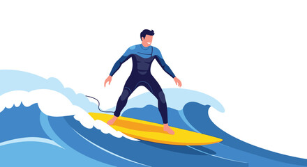 Surfer in a blue wetsuit rides a yellow surfboard on a blue wave.