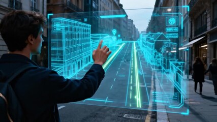 Young man using augmented reality navigation hologram on city street outdoors - Powered by Adobe