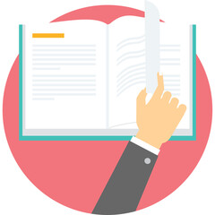 Hand Turning Page Of Open Book With Teal Cover And Pink Circle Background In Flat Design Style