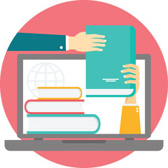 Hands exchanging a book over a laptop screen with stacked books and a globe icon on a pink circular background representing online education and digital learning resources