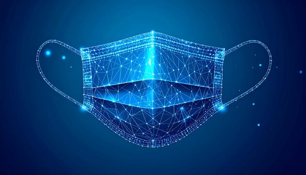 A luminous, polygonal depiction of a surgical mask, suspended against a deep blue gradient background with subtle glowing elements