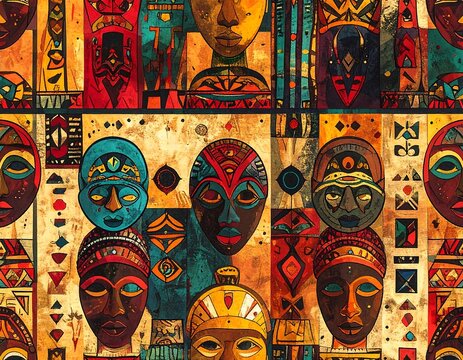 Colorful arrangement of African masks with intricate patterns, warm tones and geometric shapes