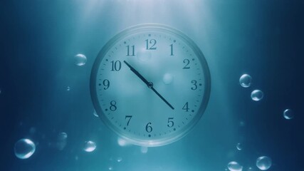 Underwater clock face with bubbles and light rays, symbolizing the passage of time in a surreal aquatic environment - Powered by Adobe