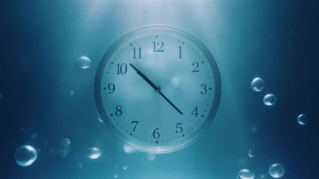 Underwater clock face with bubbles and light rays, symbolizing the passage of time in a surreal aquatic environment