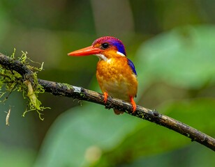 Fototapeta premium Colorful bird with red beak sits on a mossy branch in a green forest