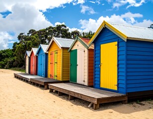 Colorful beach huts line a sandy shore beneath a partly cloudy, vibrant blue sky