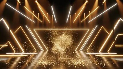 High energy spotlights shining bright with golden hues and neon accents create an electrifying atmosphere perfect for highlighting dramatic performances, presentations, or live events.