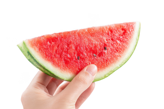 Hand holding watermelon slice isolated on transparent background