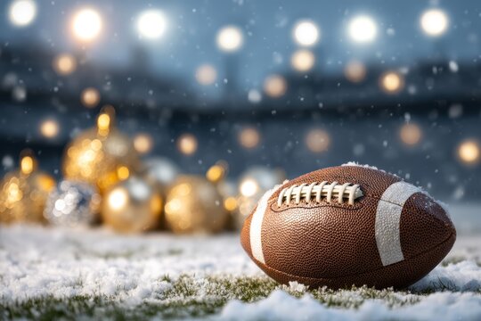 A brown American football rests on a snowy field. Blurred Christmas lights and snowflakes create a festive atmosphere. Copy space available for text.