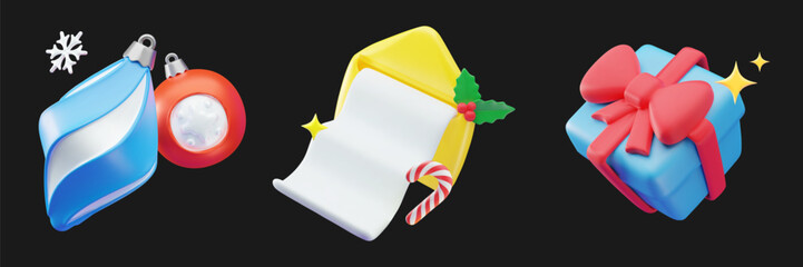 3D vector illustration Christmas Holiday Decorations: Christmas tree decorations, yellow envelope with letter for santa claus and Candy Cane, Blue Present Box with Red Bow.