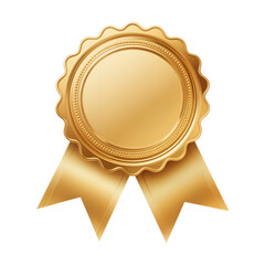 A golden award seal with a ribbon isolated on a black background