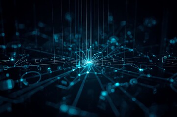 Abstract digital network visualization with glowing blue lights and interconnected data streams