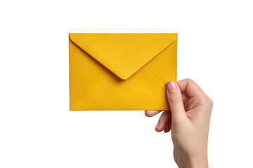 Hand holding yellow envelope isolated on transparent background