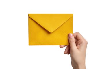 Hand holding yellow envelope isolated on transparent background