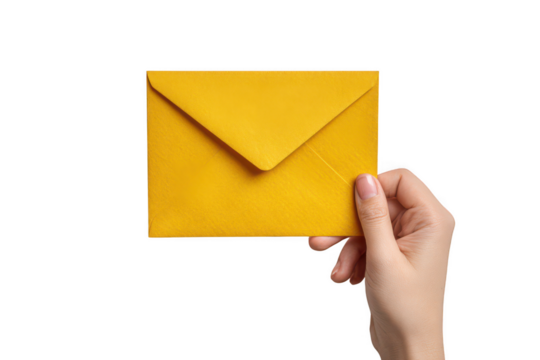 Hand holding yellow envelope isolated on transparent background