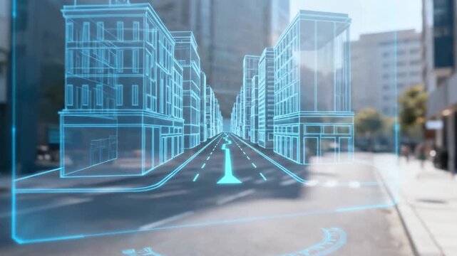 Futuristic wireframe hologram overlay scanning city street and buildings