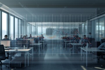 Modern office space with digital overlay representing data analysis and future planning concepts