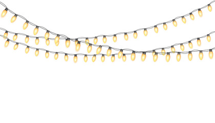 Multiple string of glowing yellow light bulb garland decoration hanging border isolated on transparent background