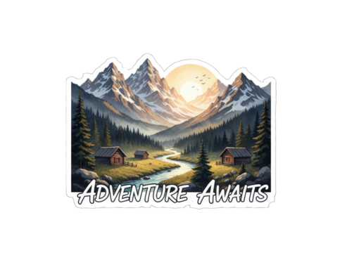 Pixel Art Majestic Mountain Landscape At Sunrise With Cozy Cabins And Winding River Adventure Awaits
